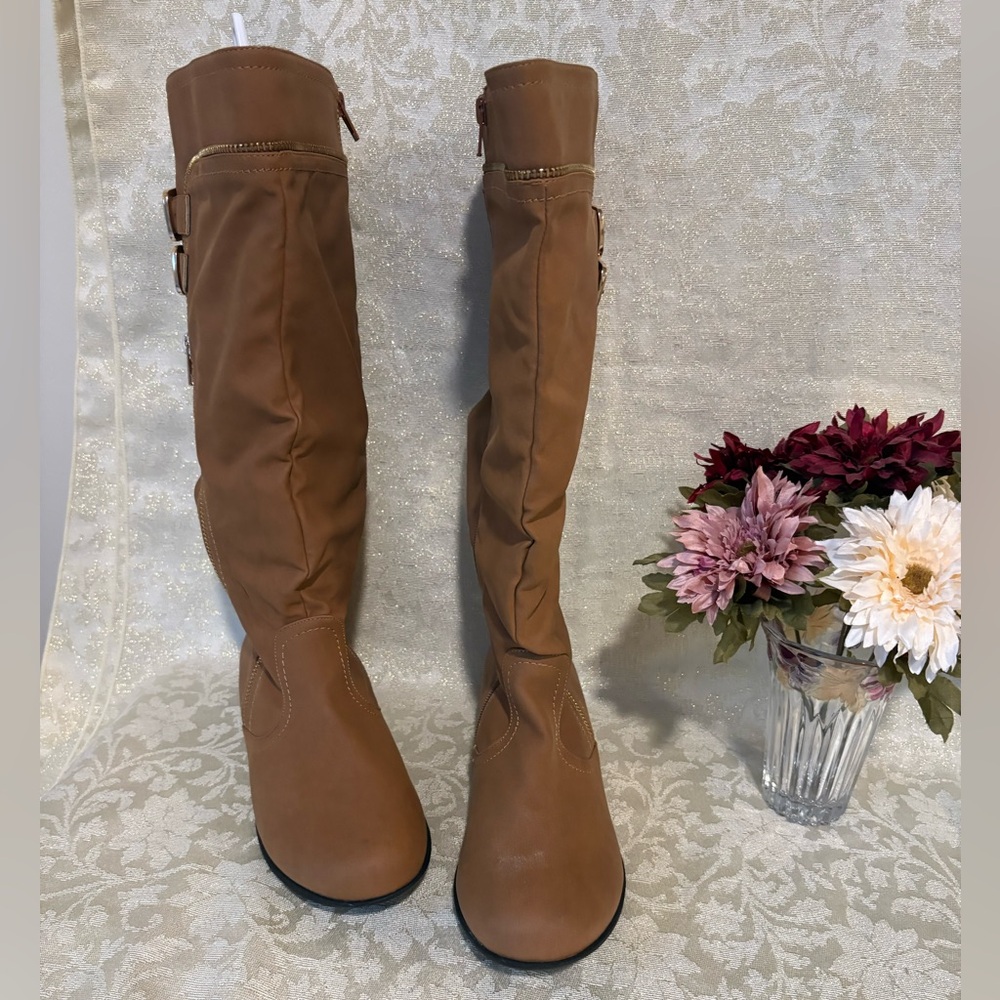 Comfortview Tan Double Buckle Faux Suede Knee Boots